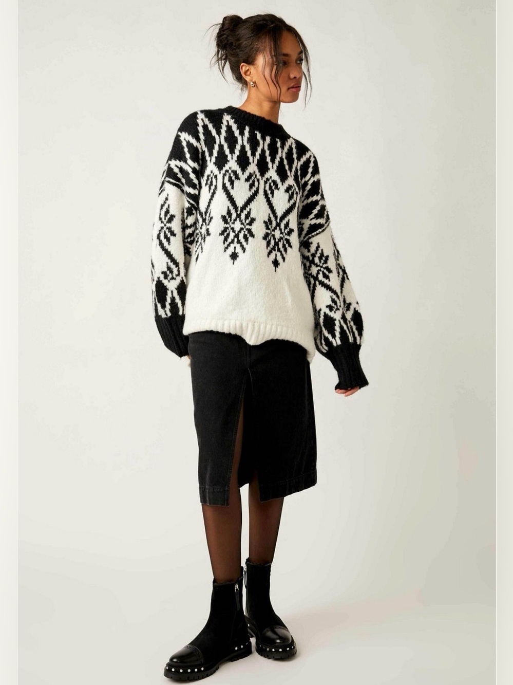 Free People Fireside Tunic Sweater Fair Isle Oversized Dolman Sleeve Size L